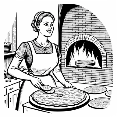 Norwegian woman forty years, putting lefse in oven, Black and white illustration, pizza oven made of bricks, clipart, circle shaped logo, lineart, cartoon