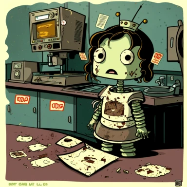 garbage pale kids format, pop surrealism digital art image of broken down, old, rusting, cartoonish, humanoid robot cooking burgers in the kitchen of a fast food restaurant. The robot is wearing tattered, McDonalds style uniform, made of human clothing. The robot is in an art style inspired by artists like Tara McPhereson, Nooligan, and Robin Eisenberg. To be used for digital clipart. Use dull, 1970's style, yellow, green, brown color scheme for the robot.