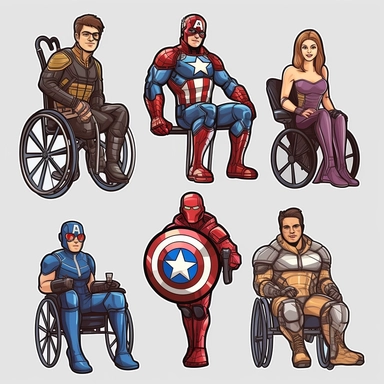 6 clipart elements, series of very hyperdetailed colorful stickers, cool people with disabilities, marvel style, superheros, each sticker with a clear white outline between each element, light grey background, realistic
