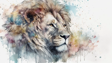 Design: The graphic created in a vector watercolor style, blending the ethereal and dreamy qualities of watercolor with the clean lines and versatility of vectors. The lion is depicted in a whimsical and enchanting manner, evoking a sense of magic and wonder. Own unique charm and personality, is portrayed with delicate and intricate details, showcasing the beauty and mystique of the natural world. Color Palette: The color palette is soft and pastel, inspired by the gentle hues found in watercolo