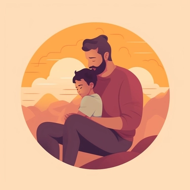 Create a heartfelt Father's Day clipart showcasing a dad hugging his child. The scene should depict a warm, loving moment where they are both smiling, symbolizing their strong bond. The dad can be kneeling or sitting to be at the child's height. Try to incorporate soft, soothing colors to emphasize the loving nature of the scene. Additionally, include a decorative banner at the bottom of the clipart with the phrase 'Dad's Hug, Best Hug'. Please ensure the illustration is clear and high-resolutio