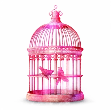 pink highly detailed watercolor clipart, charming birdcage in vibrant colors, fantasy, highly detailed, fantasy cartoon illustration, different shades of pink, whimsical, UHD, 8K, 3D, solid white background