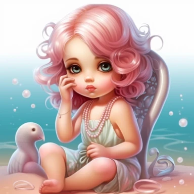 clipart of super cute baby girl in the beach white background full body, sitting on a chair on the sand, charming anime characters Thomas Kinkade Nadja Baxter Anne Stokes Nancy Noel