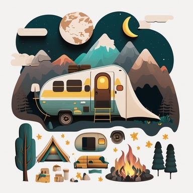 Camping by Night and Camping Trailer Clipart, Hiking family, Camping Bundle PNG, Moon light, Fireplace, Tent, Campers, Forest, white background with margins + 2D