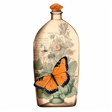 single piece form bottle with cantaloupe and butterfly label vintage clipart with white background