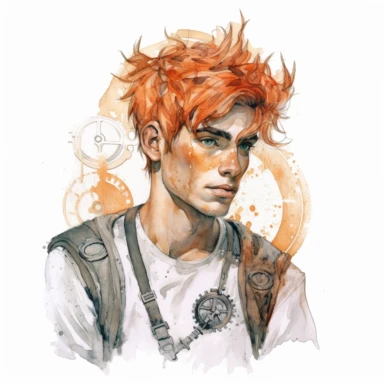 beautiful stunning handsome steampunk young man, he has coloured hair, paint art style, clipart, white background, superrealistic, one of a kind