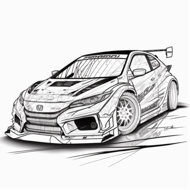 rally car, look like honda, line art, coloring page, printable, thin lines, no details, no shadow, crisp lines, illustration, vector, clipart
