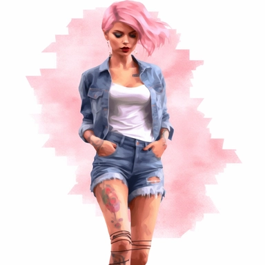 glamour model posing, short pink hair ripped jean skirt, full length, watercolour style, fine details, 8k clipart png transparent