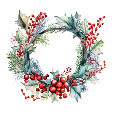 Create a watercolor clipart of a beautiful Christmas wreath adorned with traditional holiday elements like holly, berries, pine cones, and ribbons, on a white background