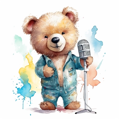 watercolor , character cute singer baby teddy bear, clipart, vector, on white background, 8k