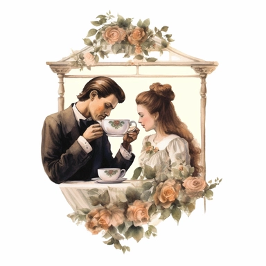 beauty couple drinking coffee, vintage cups, flower digital clipart on white background
