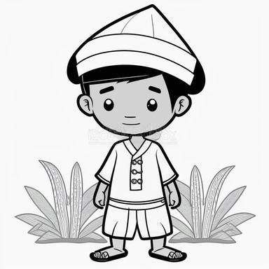 a boy, simple, traditional costume, local food, animals, educational, history, and cultural diversity, clipart style, cute, picture book style, captivating, kid friendly cute character, black and white, coloring book, not color style, cartoon style, vector image, simple, line art style, character, white background