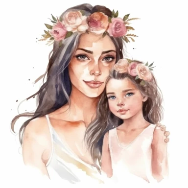watercolor beautiful latin mother and daughter, black hairs, cute, model face, clipart, white background, png