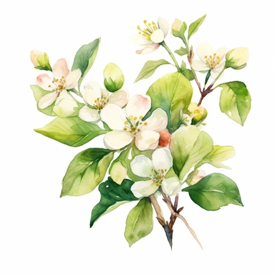 branch of apple tree with flowers and green leaves, watercolor clipart