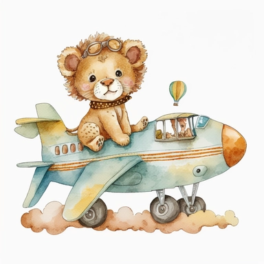 Baby Lion on the aeroplane Watercolor Clipart, white background