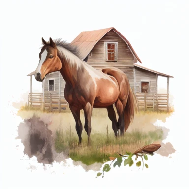 horse stand in the farm house, horse eating grass, watercolor, Western Clipart, Farm Animals, photorealistic. 4k, vector