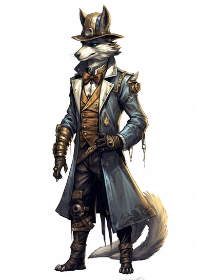 Steampunk Gray wolf clipart, realistic, Watercolor Retro Futuristic Victorian Era, art picture, full body, watercolor, multicolor, white background, lots of details, high quality - 8K,