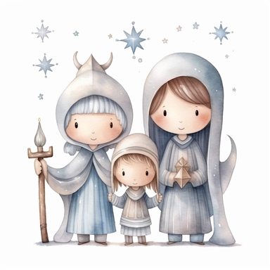 A watercolor painting of a cute nativity with Mary and Joseph, Christmas, cute detailed digital art, inspired by nicoletta ceccoli, by Kubisi art, whimsical and cute, by nicoletta ceccoli, cute detailed artwork, glimmering, adorable and whimsical, whimsical art, Clipart style, png style, svg style, blank white background, a solid white background