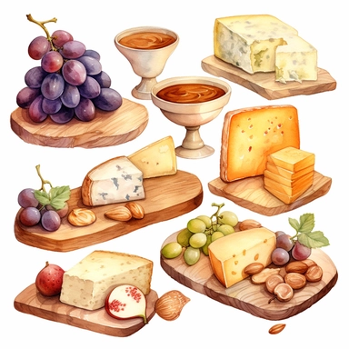 Watercolor cheese platter with wallnuts and grapes and raisins and figs nicely placed along with cheese on a very large wooden flat plate or cutting board, illustrations clipart set, simple, soft colors, cartoon elements, different variants, cheese from around the world, wooden elements, separate elements with a margin