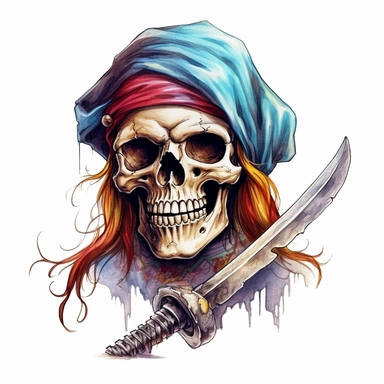 a skeleton head tattoo, holding a knife blade between his teeth like pirates of the caribbean, scarf around his neck, pirate hat on his head, Pixar style, vibrant colors, white background, clipart,--v 5