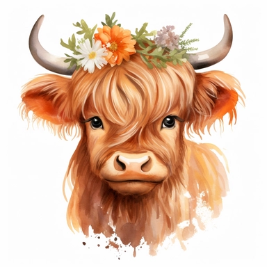 cute watercolor girl highland cow full body with hair bow on head and flower crown clipart on white background