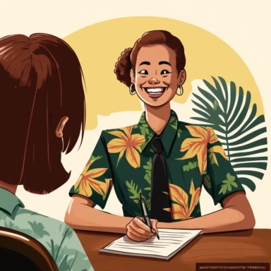 create clipart style of a happy high school hawaiian student preping for a job interview