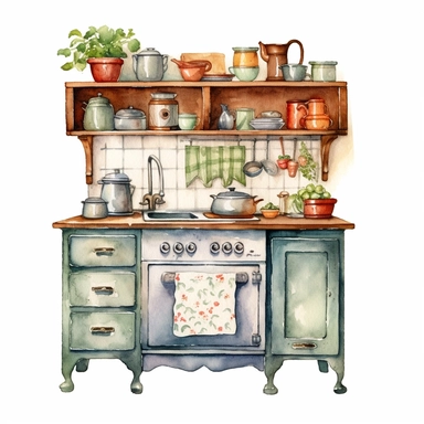 watercolor clipart, small vintage country kitchen unit in decent light colors, white background, view from front, high quality, highly detailed, sharpness