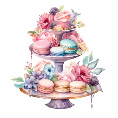Clipart, Watercolor, Boho tier candy tray with cakes, cupcakes, macarrons and flowers, pastel color, hand-draw, texture