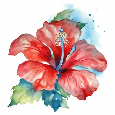 A watercolor painting of a red hibiscus flower with a blue and green background, Watercolor clipart, isolated on white background