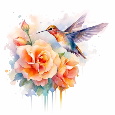 roses with a hummingbird in flight, Use a combination of vibrant colors and subtle variations in color to capture the freshness and vitality of the SCENE. Let the transparent and flowing nature of watercolors add a sense of lightness and movement to the painting, clipart, plain isolated white background, 8k ultra detail high sharpness