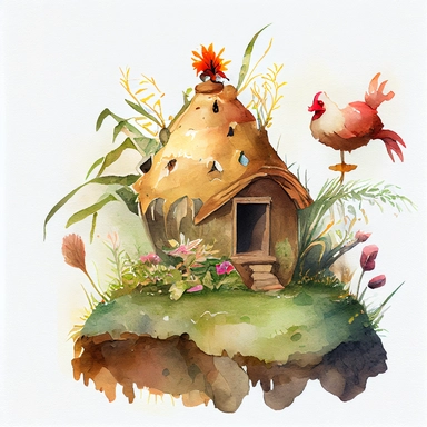 Fairy landscape-the hut on chicken legs, Watercolor clipart, details