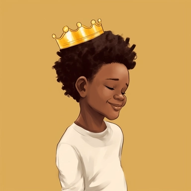 black boy wearing a yellow sweater, with a gold crown, , afro hairstyle, sideview, faceless, laughng, soft illustration, minimalist art, clipart