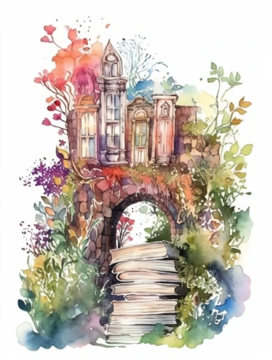 Watercolor clipart with white background, open book, magical fantasy kingdom, secret garden, flat design, clearly defined, high quality clipart