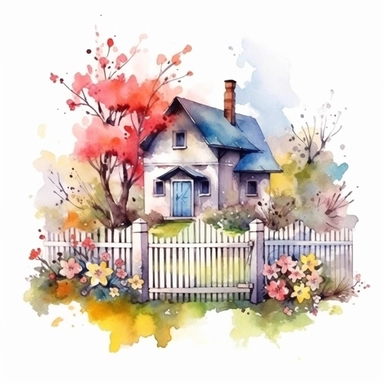 clipart, isolated on white background, beautiful cute Watercolor Spring Cottage - cute little house with fence and chimney, tree and flowers, ornated, vivid and saturated colors