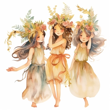 watercolour clipart, separate elements, Embark on a whimsical journey with Bells, Creamy, and Flowery - three girls who weave wonders and magic from paper. Their artwork flourishes in the enchanting realm of watercolour, where every stroke tells a story., three girls whispering big news each other, mae the smiling and exalted, white background, 8k, f1