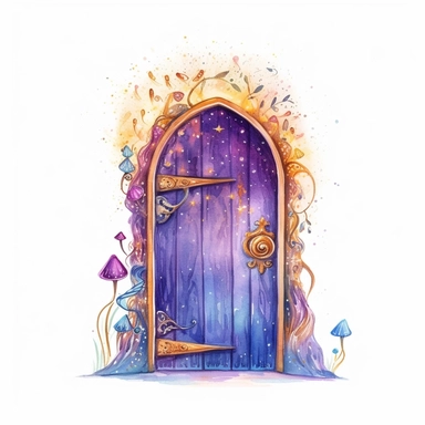 cartoon fairy door, glowing lights and sparkles, purple gold and blue, glamorous realistic and detailed, watercolor, white background with margins, clipart style