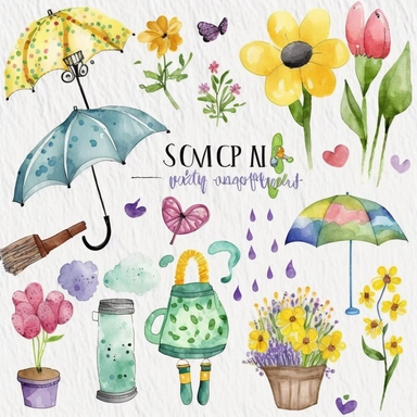 Please create a series of watercolor clipart illustrations featuring different items related to spring. Each illustration should be drawn in a charming and playful style that captures the beauty and vibrancy of the season. Items to include can be flowers, butterflies, birds, bees, rain boots, and umbrellas. Please use a coherent color palette that is bright and cheerful, but also soothing and calming. Colors that are associated with spring, such as greens, blues, pinks, and yellows, should be us