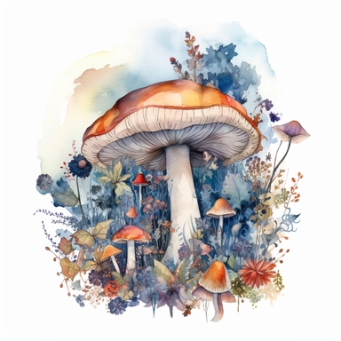 In this watercolor illustration, a mystical mushroom takes center stage, painted with vibrant hues and surrounded by delicate flowers and lush plants. The clipart design captures a magical scene, where fairies flit about in the air, their ethereal forms highlighted against a watercolor backdrop. The white background provides a stark contrast to the dominant blue color scheme, enhancing the enchanting atmosphere of the artwork. The intricate details of the flora and the playful presence of the fa