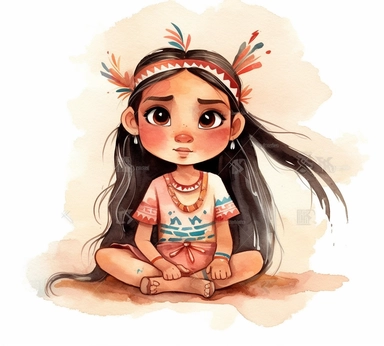 cute adorable little Native American princess character watercolor clipart, full body, disney, pixar