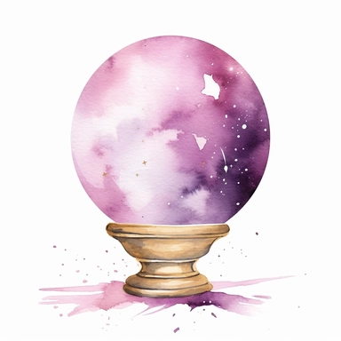 Crystal Ball, in the style of watercolor illustrations, pink and gold, soft lilac, magical and mystical, galaxy elements, modern minimal watercolor, on white background, clipart