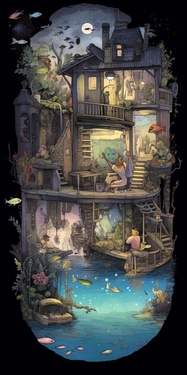 father and son fishing, from multi decker house surrounded by water full of fish, peaceful night theme with its own habitats (flowers and plants) made into a heart-shape vintage in watercolor style clipart, use darker tones, higher saturation colors, Banksy artstyle with minimal effects, super creative watercolor, completely black background