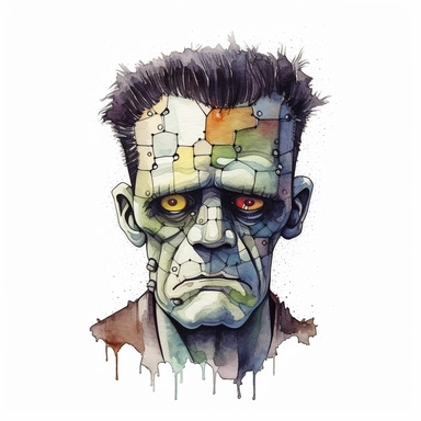 A haunting portrayal of Frankenstein's monster, with his stitched-up face, bolts protruding from his neck, and a sense of both sadness and menace in his eyes. Clipart, watercolor, white background, intricate detail.
