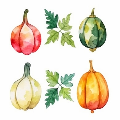 Design a dreamy watercolor clipart of a chinese-inspired Assorted pumpkins and gourds arranged with fall foliage and berries for a festive and harvest-themed display composition, hand-painted with soft and graceful brushstrokes. Draw inspiration from the artistic finesse of Ethereal Petals Watercolors for a refined and ethereal depiction. isolated on a white background, hand-drawn illustration, hand-painted watercolor texture, 16k UHD resolution, intricately detailed, sharp focal points, designe