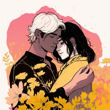 Dreamlike hyper realistic illustration of a couple in love embracing. The man has black hair. The girl is has white hair. In a field of pink and yellow flowers. Flat colors, simple lines, gorgeous lighting, graphic novel style, 2d painting, ink painting style, digital art, childrens character design, happy mood, pixar style cartoon, line work, minimalist, watercolor, 8k, PNG, clipart on white background, sticker style, studio ghibli vibe, studio ghibli style