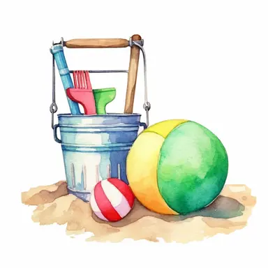 A watercolor clip-art featuring a beach ball, a bucket, and a shovel, evoking the playful spirit of summer fun by the shore, cheerful and vibrant colors, white background, scrapbooking, intricate details, visible brush strokes and realistic painting, on the theme of beach toys and essentials for endless enjoyment and trending on Etsy