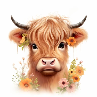 baby girl highland cow illustration in flower meadow with hair bow on head clipart on white background