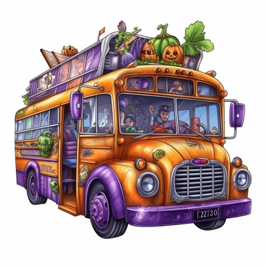 halloween school bus Sublimation Clipart, Cartoon, hyper realistic, intricate detail, illustration style, high solution, on the white background, green, purple, orange, watercolor