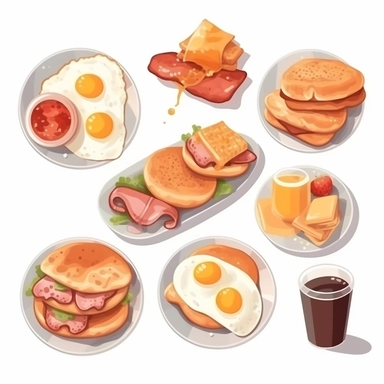 fastfood breakfast, clipart set, scrambled eggs, toast, orange juice, pancakes, sausage, bacon, isolated on white background