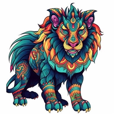 Create a unique clipart of a ferocious chimera creature with a multi-patterned body, combining the traits of a lion, goat, and serpent. The chimera should have a cartoon-style design, with bold outlines and vivid colors to make it stand out. Use a plain, highly-contrasted background to accentuate the details of the chimera, highlighting its fearsome features and intricate patterns. Be sure to showcase the distinct qualities of each animal trait in the chimera's design, creating a visually engagi