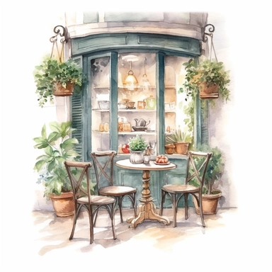 commercial illumination of ultra - realistic watercolor painting of cute small cafe corner with cute table and delicious pastry and coffee clipart, french vibes cafe with cute tables, cute flowers, serene, 8k trending on etsy, cottagecore, plants overgrowing everywhere, aesthetic, naturalisting, cottagecore, plants, magical, white background, isolated on white, watercolor illustration, award winning